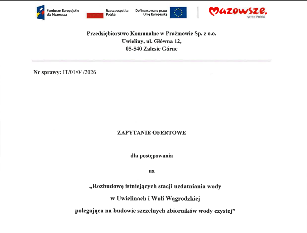 Read more about the article PRZETARG NA BUDOWĘ ZBIORNIKÓW WODY CZYSTEJ NA UWIELINACH i WOLI WĄGRODZKIEJ
